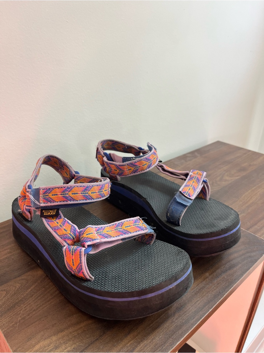Teva Black Platform Sandals with Purple and Orange Straps